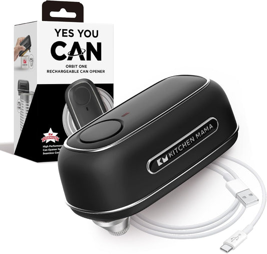 Kitchen Mama Orbit One Rechargeable Electric Can Opener: Hands-free, USB-C Charging, Automatic Stop, Smooth Edge, Safety, Blade for Large Cans, Heavy Duty, Soda and Pop Can, with Storage Box (Black)