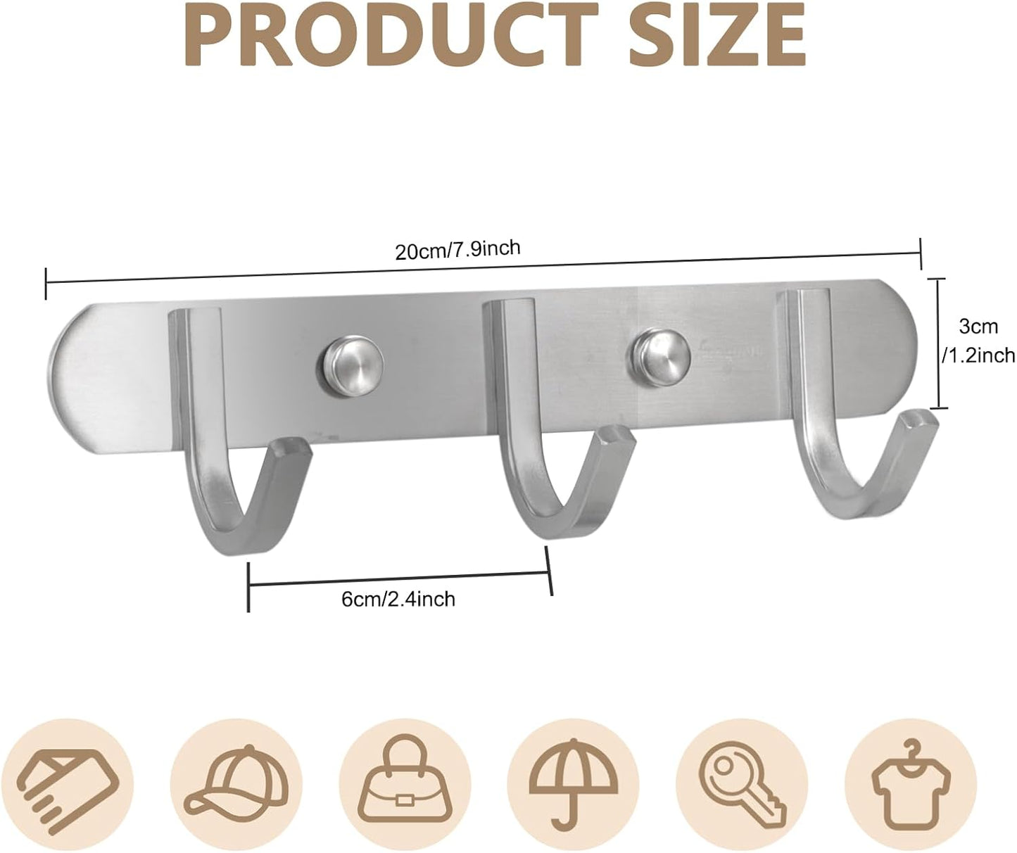 Coat Hook Rack Brushed Nickel 8-Inch Coat&Towel Hook Rail Wall Mounted with 3 Hooks, Durable Wall Hangers for Bedroom, Bathroom, Foyer, Hallway (SUS304 Stainless Steel)