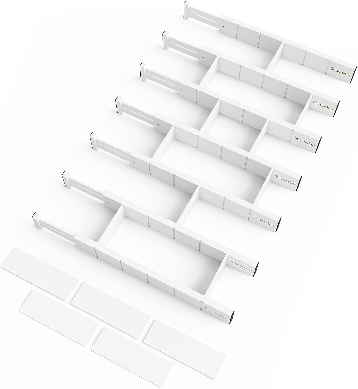 SpaceAid Bamboo Drawer Dividers with Inserts and Labels, Kitchen Adjustable Drawer Organizers, Expandable Organization for Home, Office, Dressers, 7 Dividers with 15 Inserts (17"-22" White)