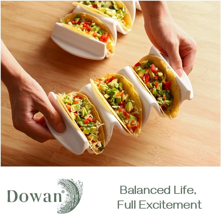 DOWAN Porcelain Taco Holder, 9.75" Large Taco Stand with Handle, Sturdy and Stable, Oven & Microwave & Dishwasher Safe, Safe without Sharp Edge, Taco Trays Holds 3 Taco Shell, Easy to Clean, Set of 2