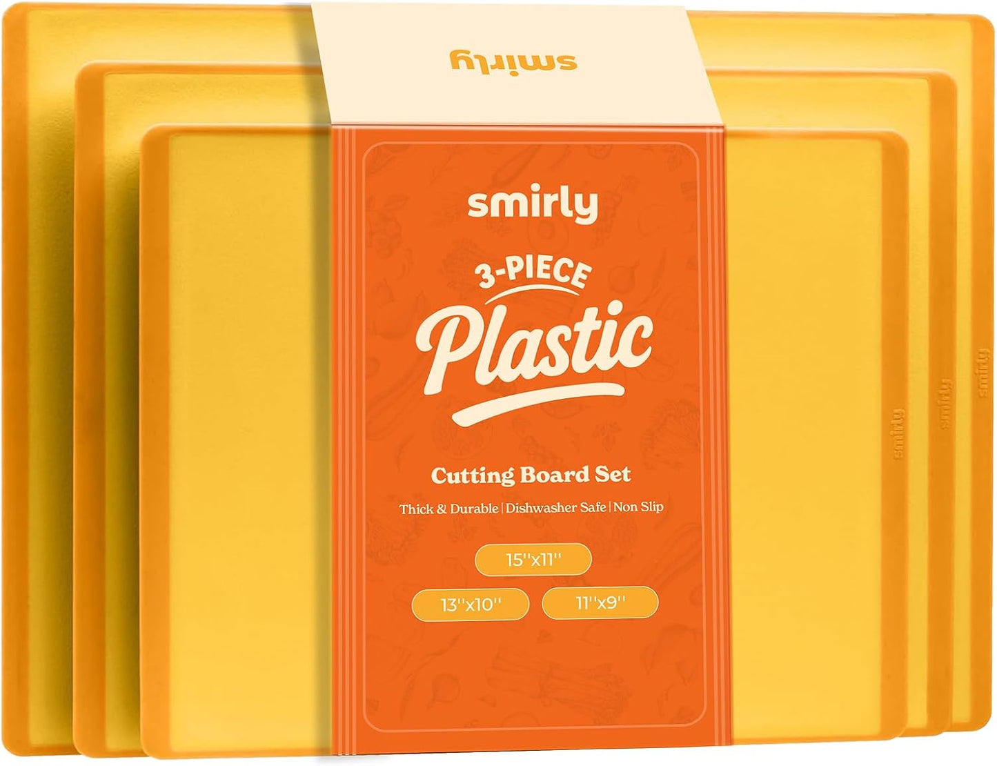 SMIRLY Plastic Cutting Board Set 3 Pieces, Non-Slip Dishwasher Safe Chopping Boards for Kitchen, Yellow