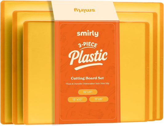 SMIRLY Plastic Cutting Board Set 3 Pieces, Non-Slip Dishwasher Safe Chopping Boards for Kitchen, Yellow