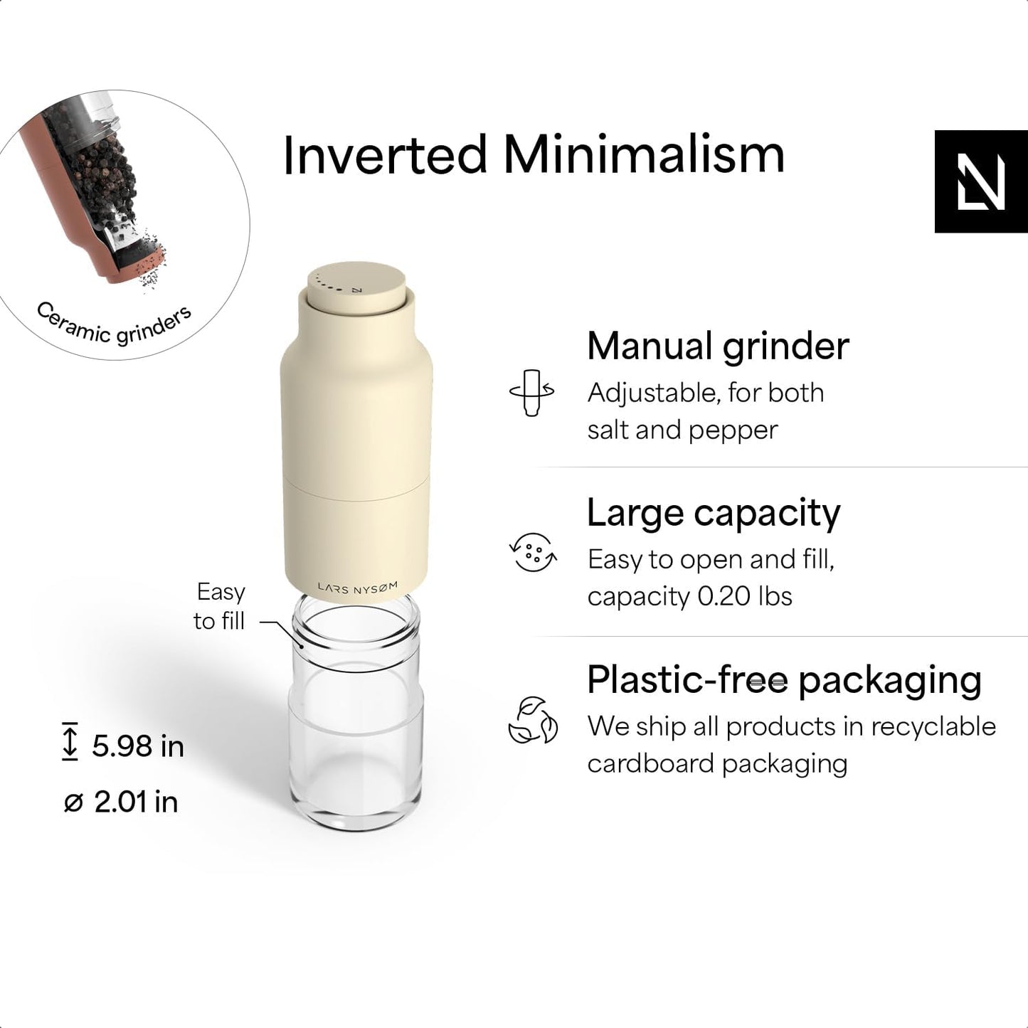 LARS NYSØM Salt and Pepper Grinder Set, Stainless Steel Manual Salt and Pepper Mills, Adjustable Ceramic Grinder, Design Spice Shakers (Red/Beige)