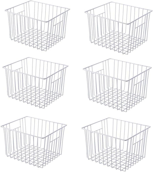 Slideep 11'' Farmhouse Freezer Food Storage Organizer Baskets Modern Refrigerator Metal Wire Basket Bin with Built-in Handles for Kitchen, Pantry, Bathroom, Cabinets, White -Set of 6