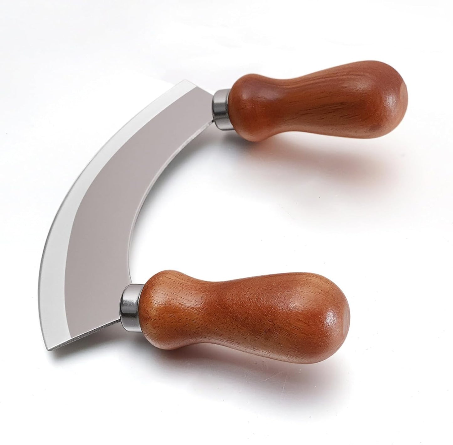 5.4 Inch Stainless Steel Mezzaluna Knife - Salad Chopper Rocker Pizza Cutter Rocker Knife Curved Blade Sharp Blade Double Acacia Wood Handle Fruit Vegetable Mincing (5.4 Inch Silver)