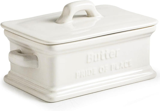 Butter Dish with Lid, Ceramic Butter Dish for Countertop Butter Holder Container Large Butter Keeper for East West Coast Butter, White