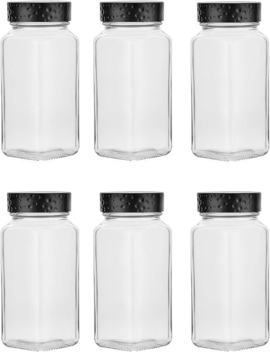 6pcs Black Spice Jars, 4 oz Glass Seasoning Bottles, Spices Container, Empty Spice Jars, Square Spice Bottles with Airtight Plastic Caps with Shaker Lids