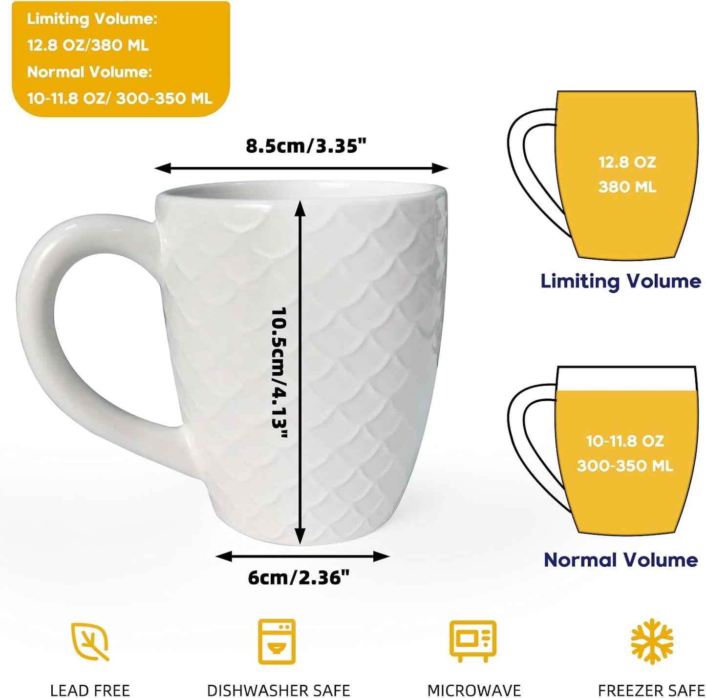 Schliersee 12 OZ White Ceramic Coffee Mugs set of 6, Stylish Embossed Coffee Cups Set for Coffee, Tea, Milk, Cocoa, Cereal