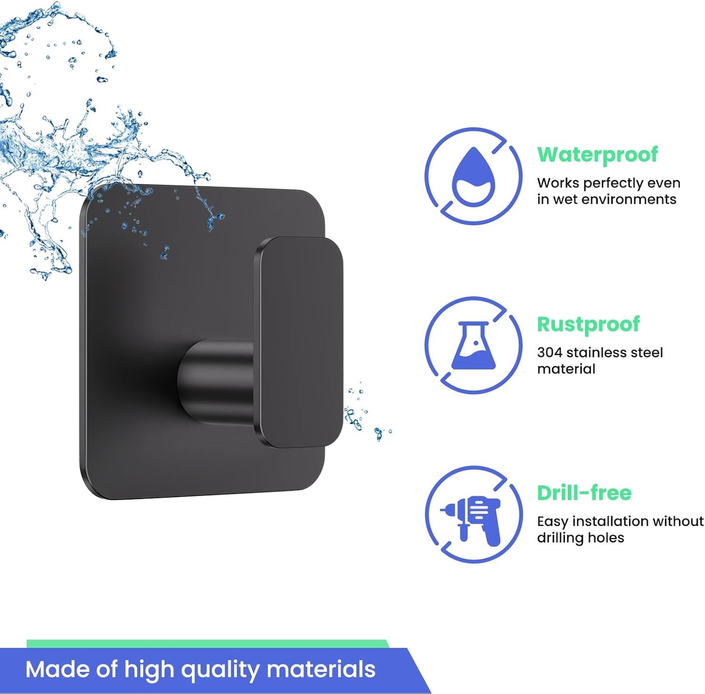 Black Hooks for Hanging Heavy Duty, Adhesive Hooks for Shower, Bathroom, Kitchen, Robe, Towel, Coat, Waterproof & Rustproof Hook for Walls No Damage, Stainless Steel Sticky Hook - 6 Pack