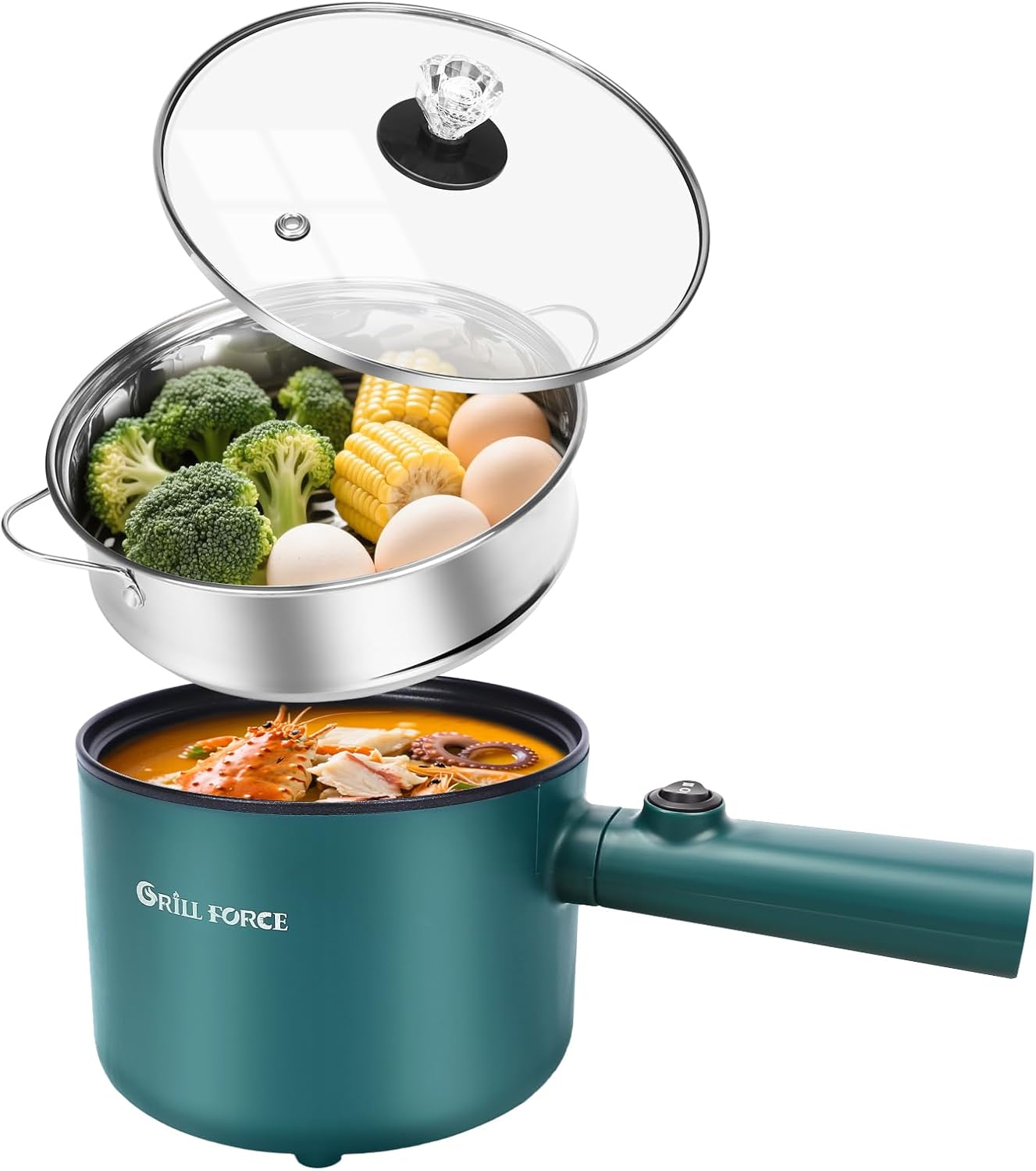 Electric Hot Pot with Steamer, 1.8L Ramen Cooker, Portable Cooking Pot Non-Stick Sauté Pan, Electric Pot for Pasta, Egg, Steak, BPA Free,Dual Power Control, Suit Dorm Room, Travel,RV,Hotel