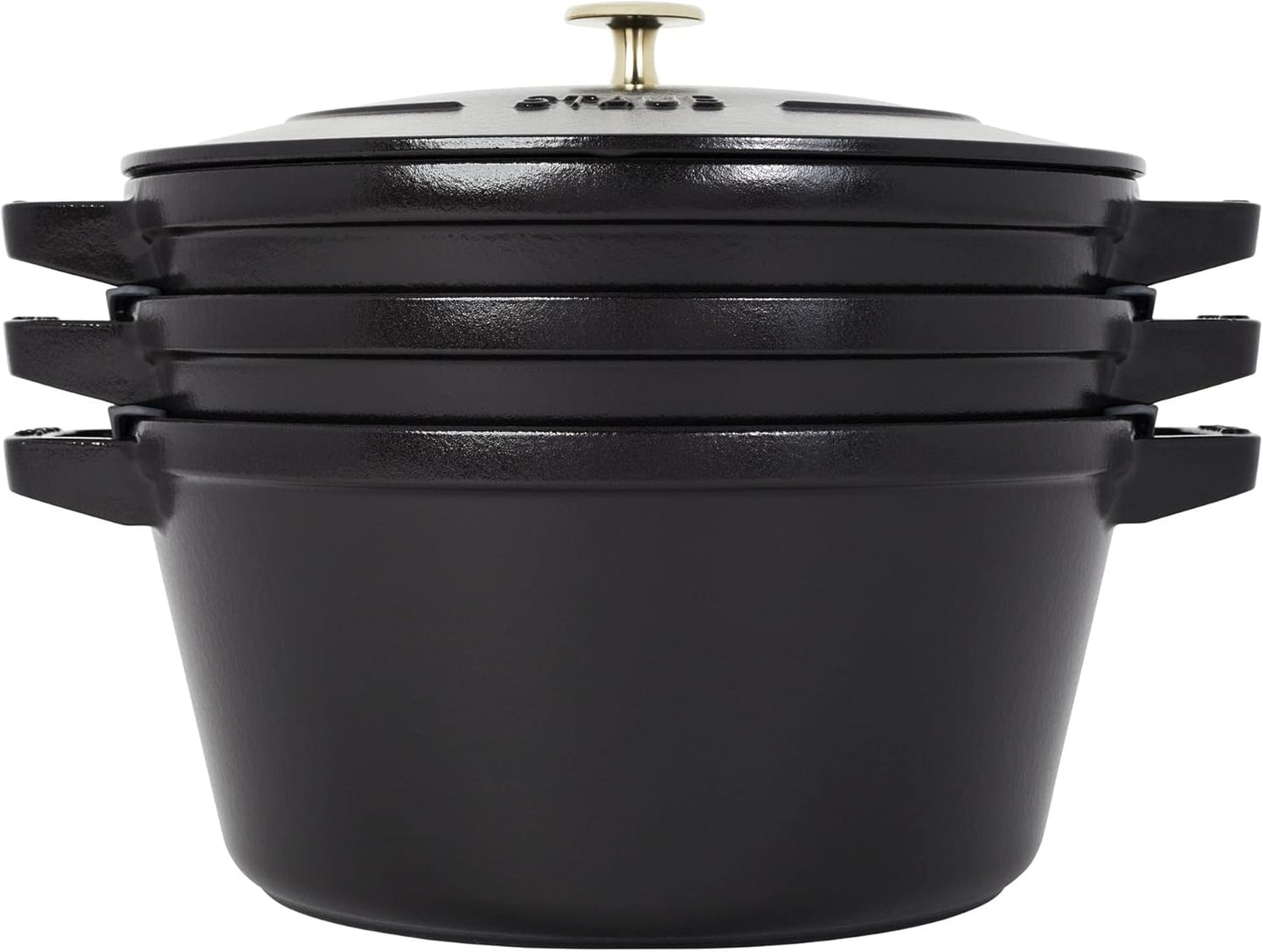 STAUB Cast Iron Set 4-pc, Stackable Space-Saving Cookware Set, Dutch Oven, Skillet, Grill Pan with Universal Lid, Made in France, Matte Black