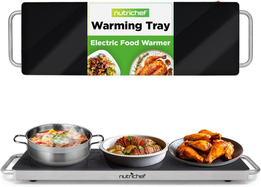 NutriChef Portable Electric Food Hot Plate-Stainless Steel Warming Tray&Dish Warmer with Black Glass Top-Keep Food Warm for Buffets,Restaurants,Parties&Home Dinners-22' x 6'-Heats up to 203°F