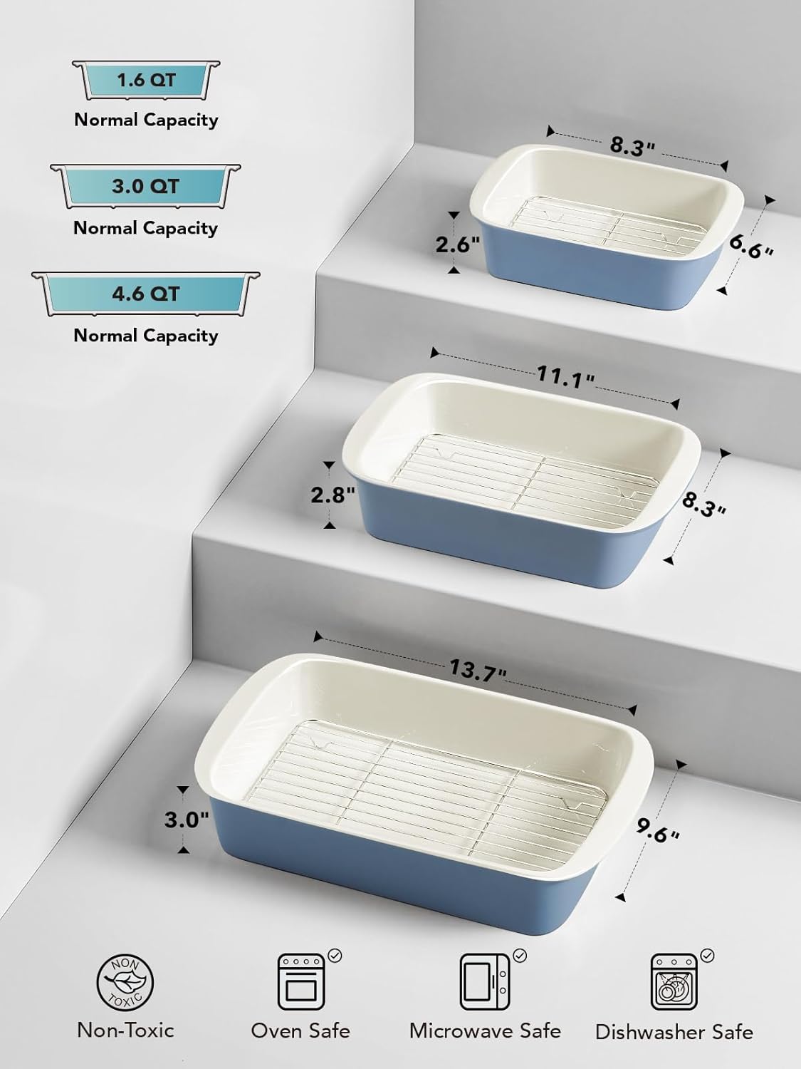 LE TAUCI Deep Casserole Dishes for Oven, 13.7”x9.6” Ceramic Baking Dish Set with Roasting Racks, Large Lasagna Pans with Handles, Rectangular Bakeware as Gift for Mom, Dusty Blue (4.6QT/3.0QT/1.6QT), Set of 3