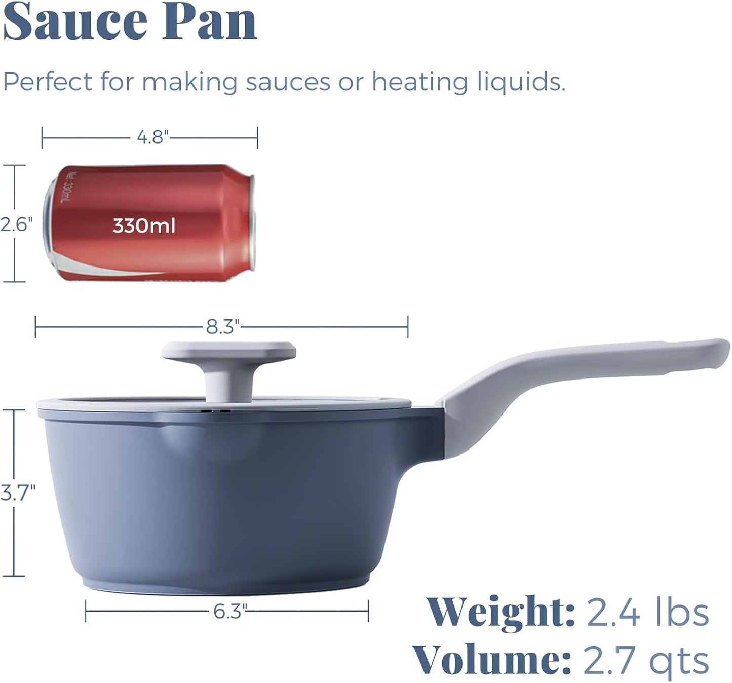 Nonstick Saucepan with Lid, 2.7 Quart Ceramic Sauce Pan, Non Toxic Sauce Pot with Pour Spouts for Multipurpose Use, PTFE, PFOA & PFAS Free, Induction Compatible.