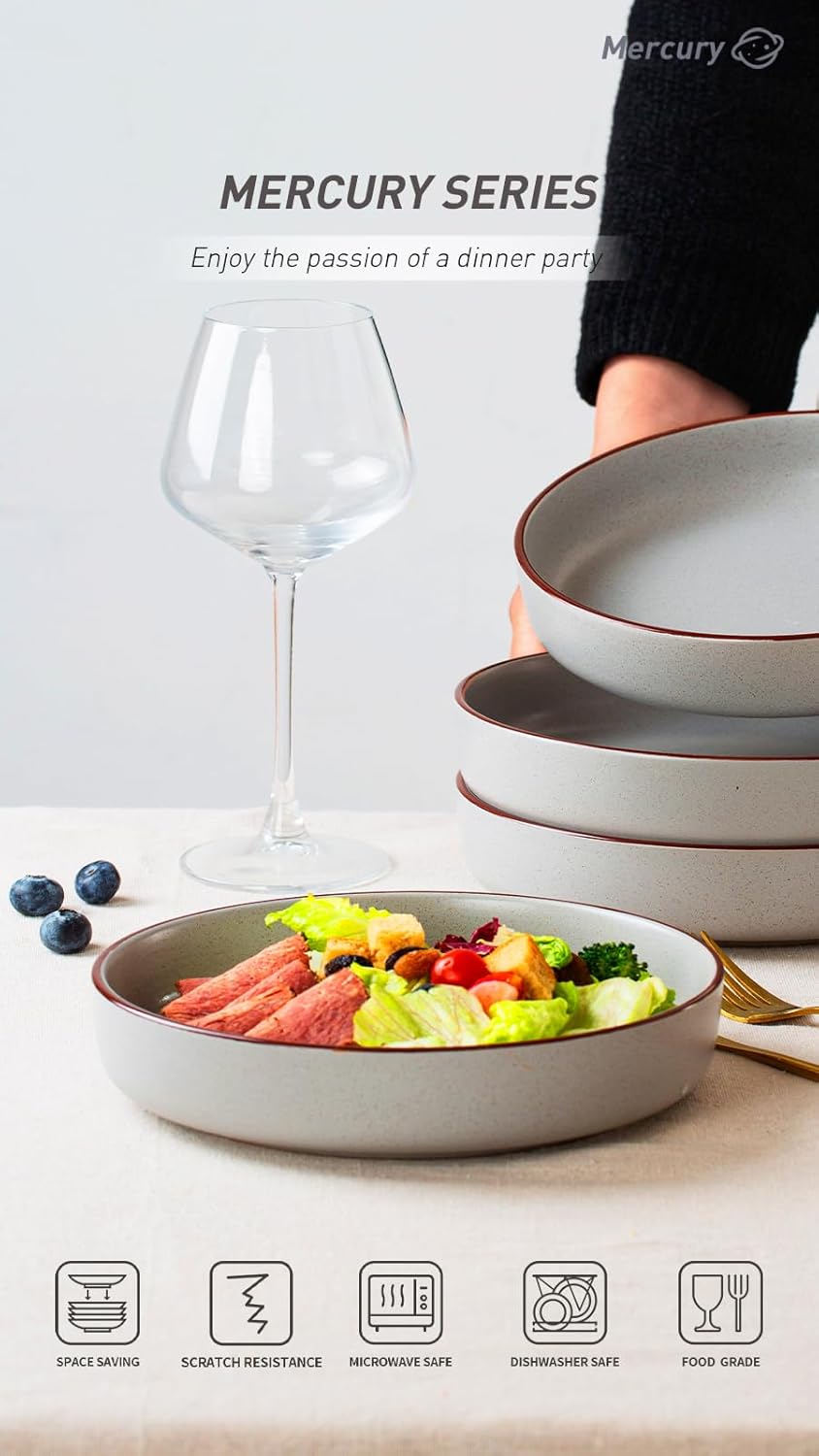 famiware Mercury Pasta Bowls Set of 4, 33 oz Large Salad Bowls, Ceramic Pasta Plates Bowls, Serving Bowls for Kitchen, Microwave & Dishwasher Safe, Light Gray