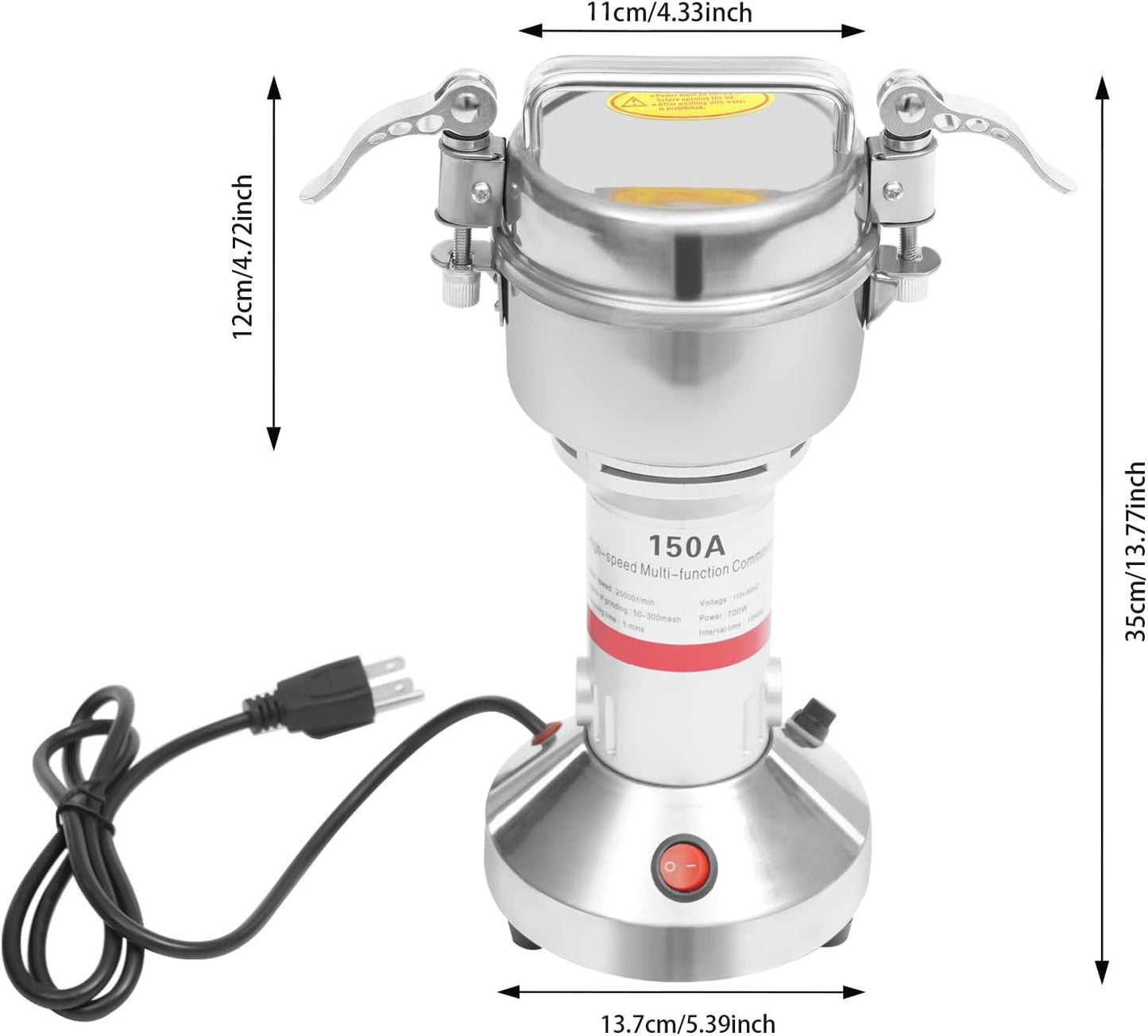 Electric Grain Mill Grinder, 150g/0.33lbs High-speed 28000r/min Food Grinder, 110V 850W Countertop Grain Mill for Dry Spice Herbs Grains Coffee Rice Pepper (150g)