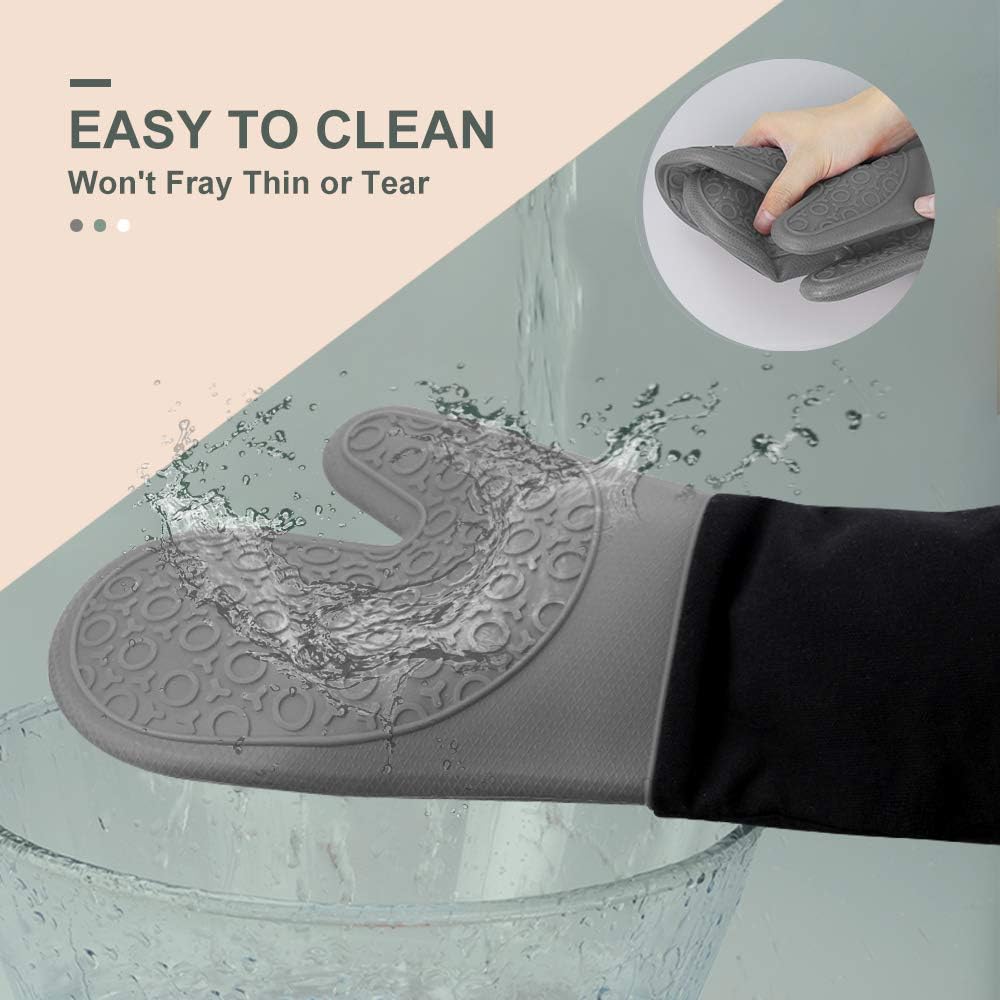 sungwoo Extra Long Silicone Oven Mitts, Heat Resistant Oven Gloves with Quilted Liner Non-Slip Textured Grip Perfect for BBQ, Baking, Cooking and Grilling - 1 Pair 14.6 Inch Grey & Black