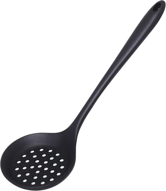 77L Slotted Spoon, Heatproof Skimmer Strainer Slotted Spoon, Seamless One-Piece Non-Stick Cooking Silicone Scoop Ladle with Ergonomic Handle for Filter Vegetable, Pasta and More (Black)
