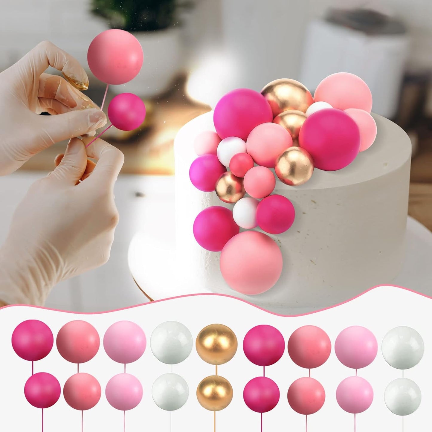 108 Pcs Balls Cake Topper DIY Cupcake Insert Foam Balloons for Cake Baking Wedding Anniversary Birthday Decoration(Pink Series, White, Gold,Multi Sizes)