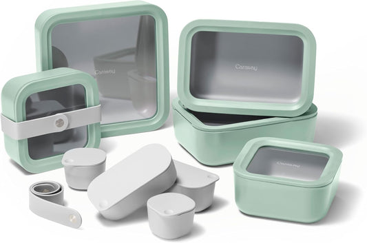 Caraway 14pc Glass Food Storage Container Set - Easy to Store, Non Toxic Lunch Box - with Glass Lids - Includes Storage Organizer & Dot & Dash Inserts - Mist