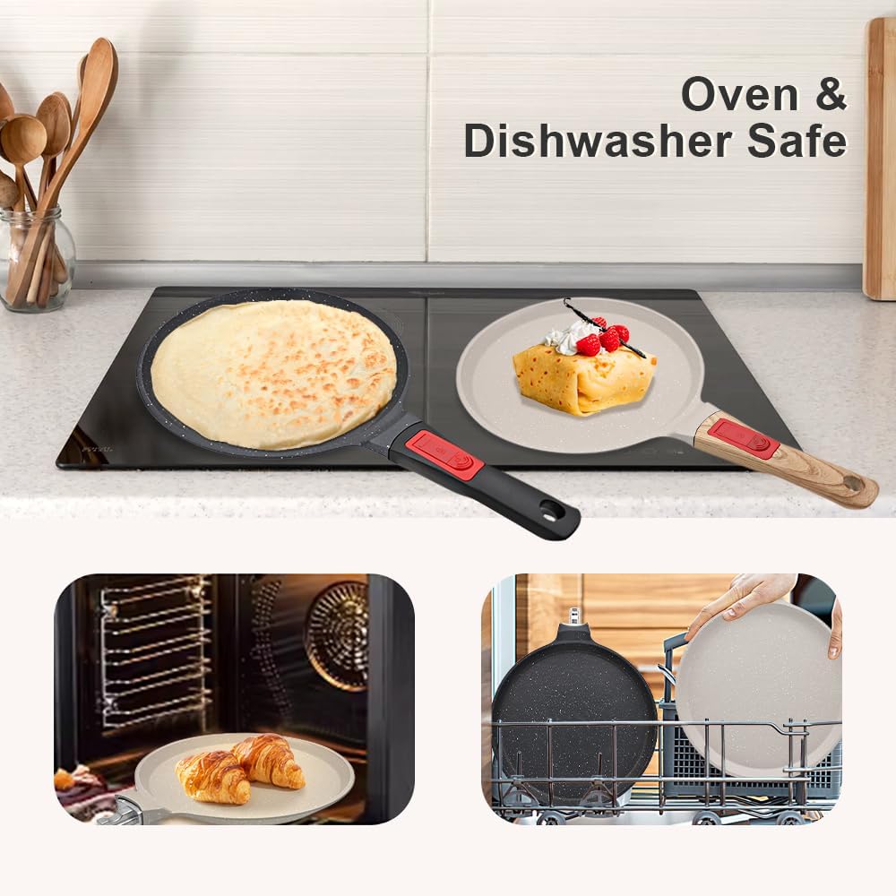 Non Stick Crepe Pan with Detachable Handle, 8 Inch Cast Aluminium Dosa Tawa Tortilla Pan, Pancake Pan Induction Compatible - Black