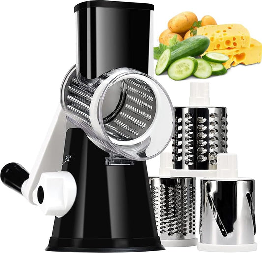 KEOUKE Rotary Cheese Grater with Handle - 3 Changeable Blades for Cheese, Vegetables, Nuts - Black