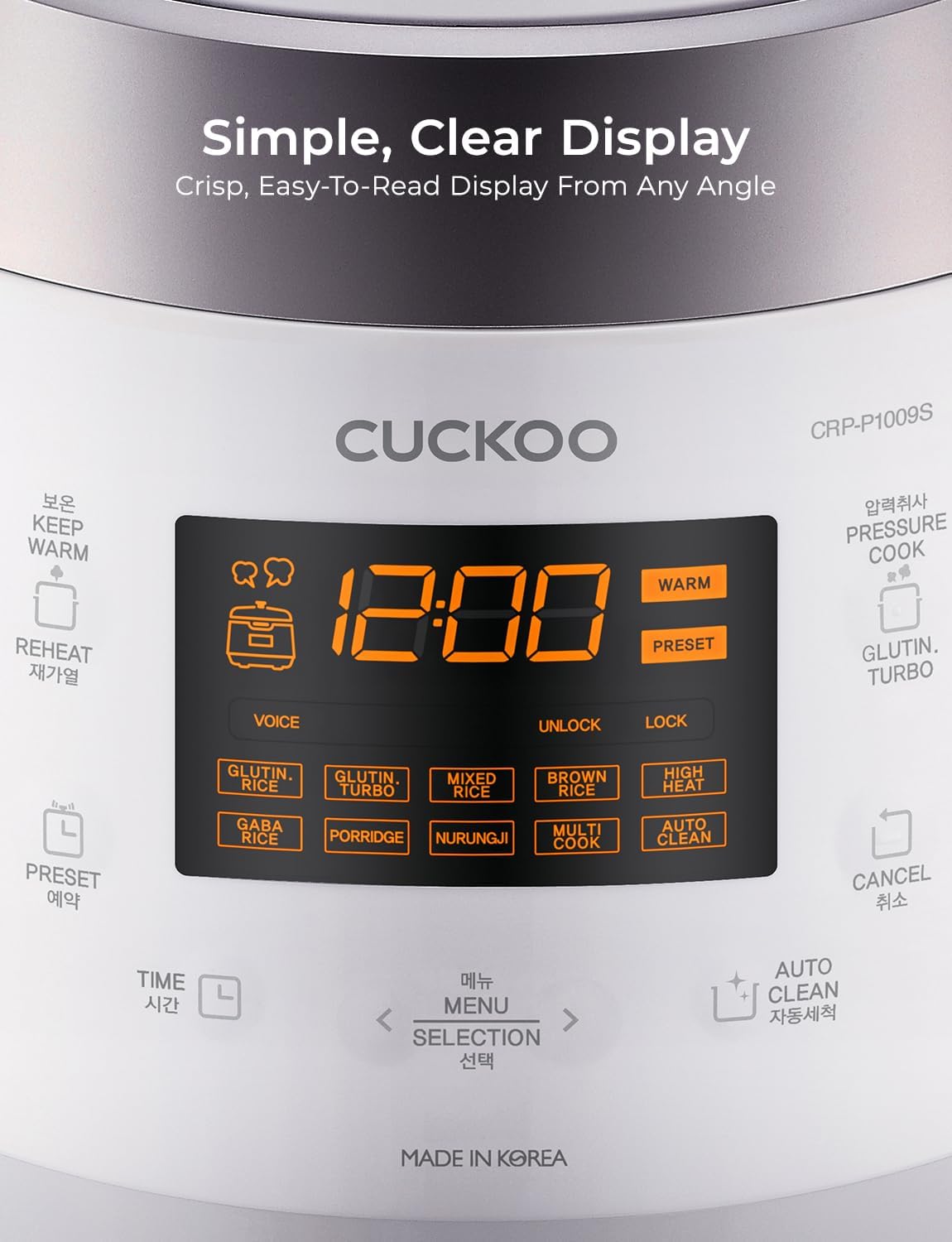 Cuckoo Heating Pressure Cooker & Warmer – 12 built-in programs, Glutinous (white), Mixed, Brown, GABA rice, and more, 10 cups