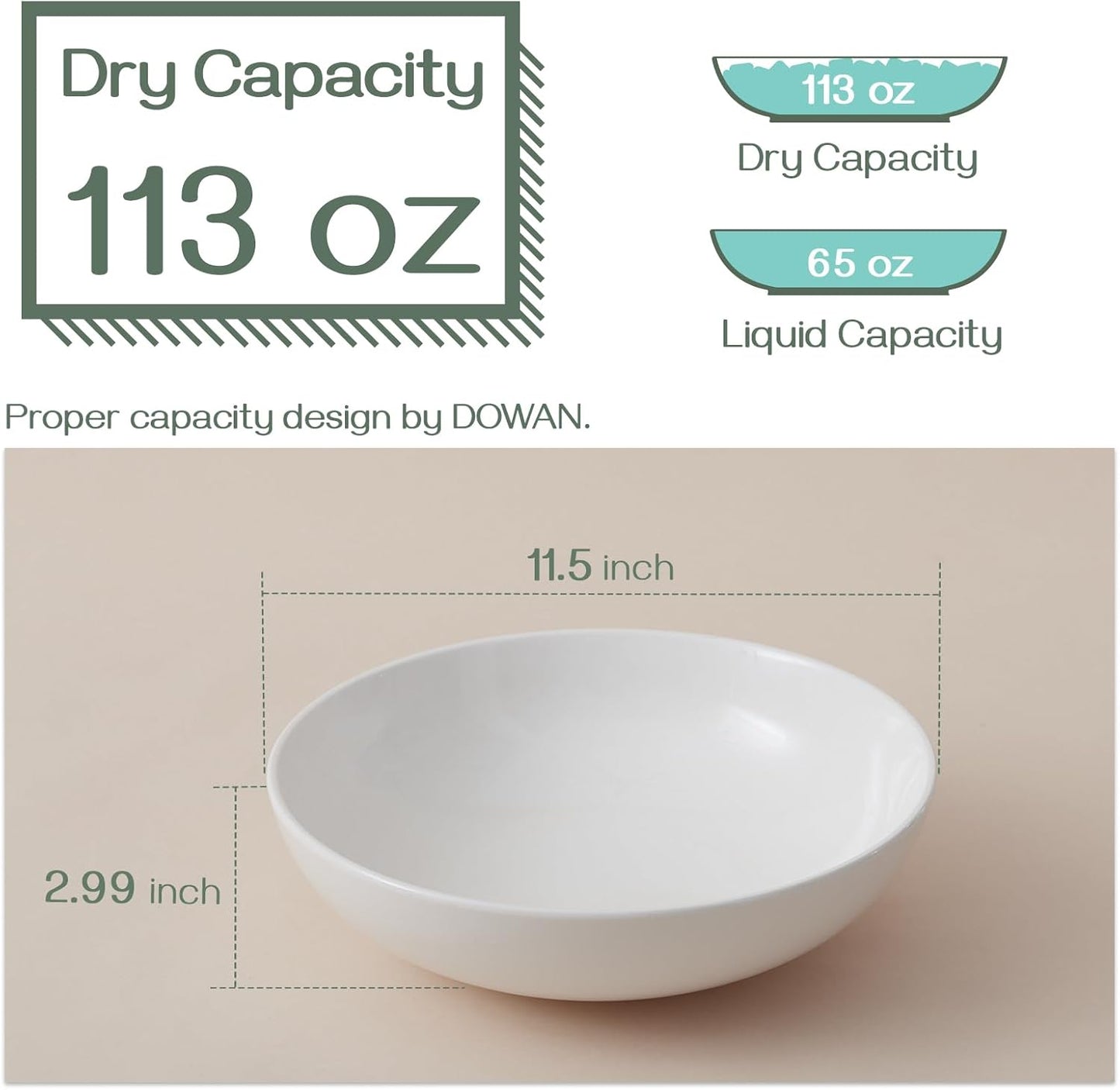 DOWAN 11.5" Large Serving Bowls, 3.2 Qt White Serving Platter, Big Ceramic Centerpiece Bowls, Microwave & Dishwasher Safe, Set of 2