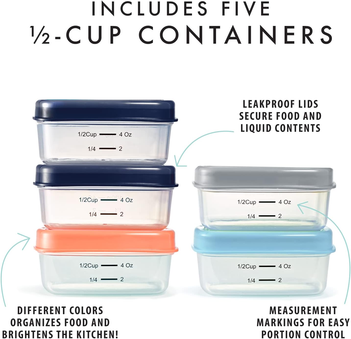 Fit & Fresh Small Plastic Containers With Lids 4 oz, Snack Containers for Adults and Kids, Reusable Leakproof Dressing and Condiment Containers, Multicolor, 5PK, Light