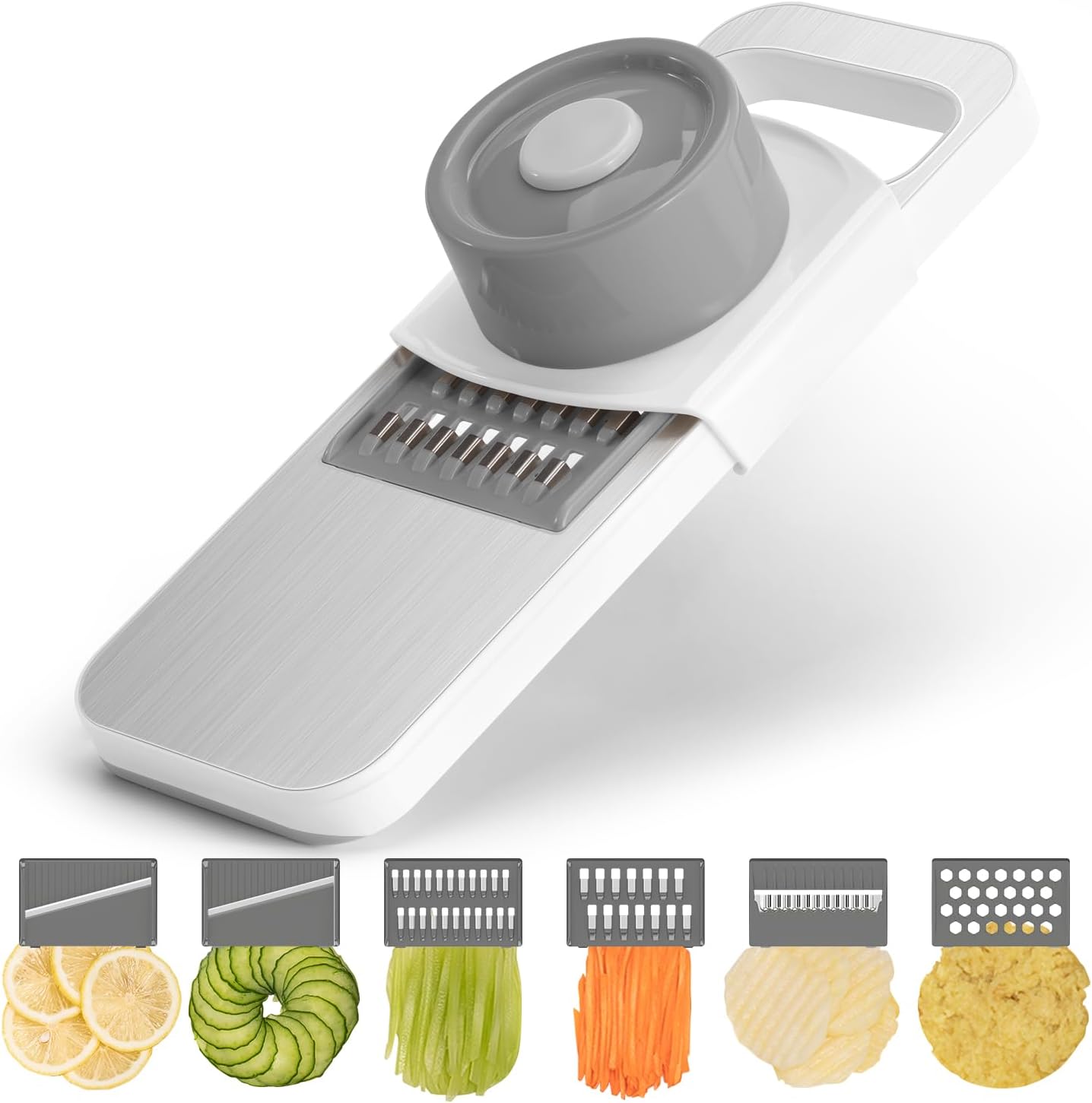 KEOUKE Multifunctional Mandoline Slicer Stainless Steel Surface - Interchangeable 6 Blades, Magnetic Back Handheld Vegetable Cutter with Hand Guard for Kitchen, Onion, Garlic, Safe Food Slicer