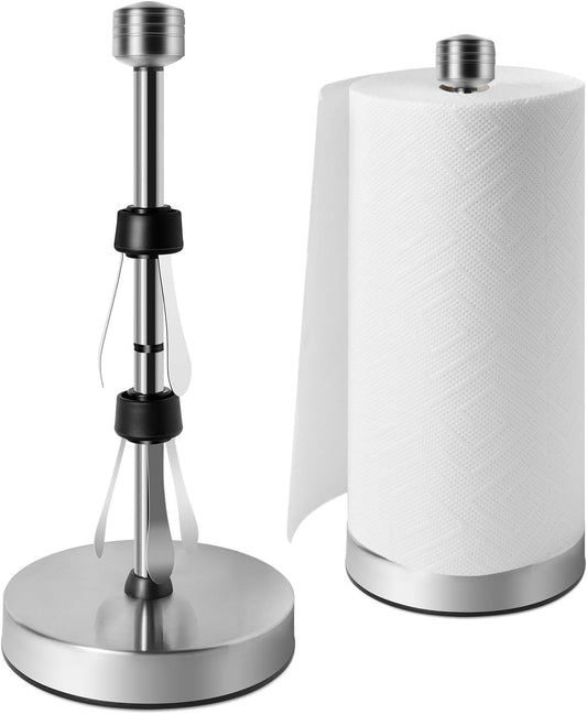 Stainless Steel Silver Paper Towel Holder Designed for Easy One-Handed Operation - This Sturdy Weighted Paper Towel Dispenser Countertop Model Has Suction Cups and Holds All Paper Towel Rolls
