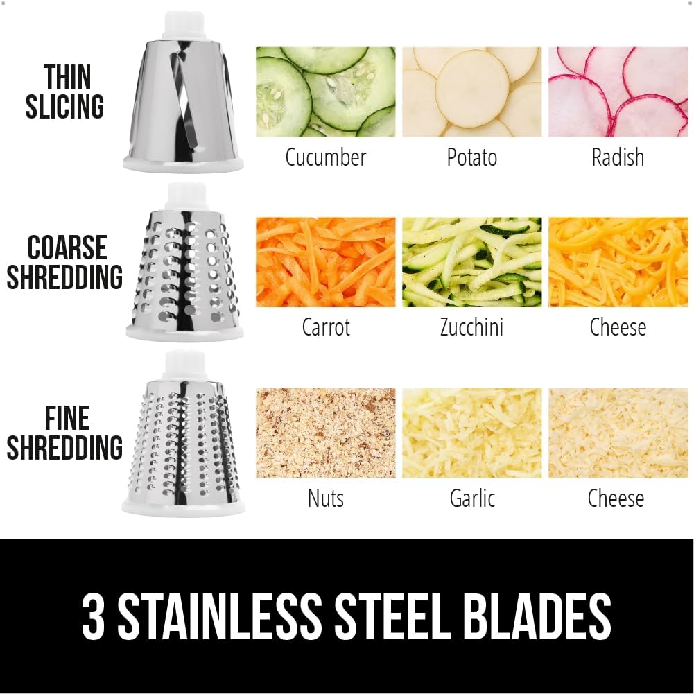 GORILLA GRIP BPA-Free Rotary Cheese Grater Hand Crank, Easy to Set Up, Strong Suction Base for Kitchen Countertop, Shred Potato, Vegetable, Nuts in Seconds, Round Mandoline Slicer, 3 Blades, Mint