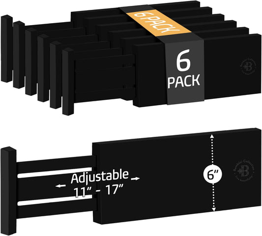 6 Pack Drawer Dividers 6 Inch High, 11”-17" Adjustable Bamboo Organizers Large Expandable Drawer Separators for Cloths, Dresser, Bedroom, Bathroom, Baby Drawer, Office & Kitchen Utensils (Black)