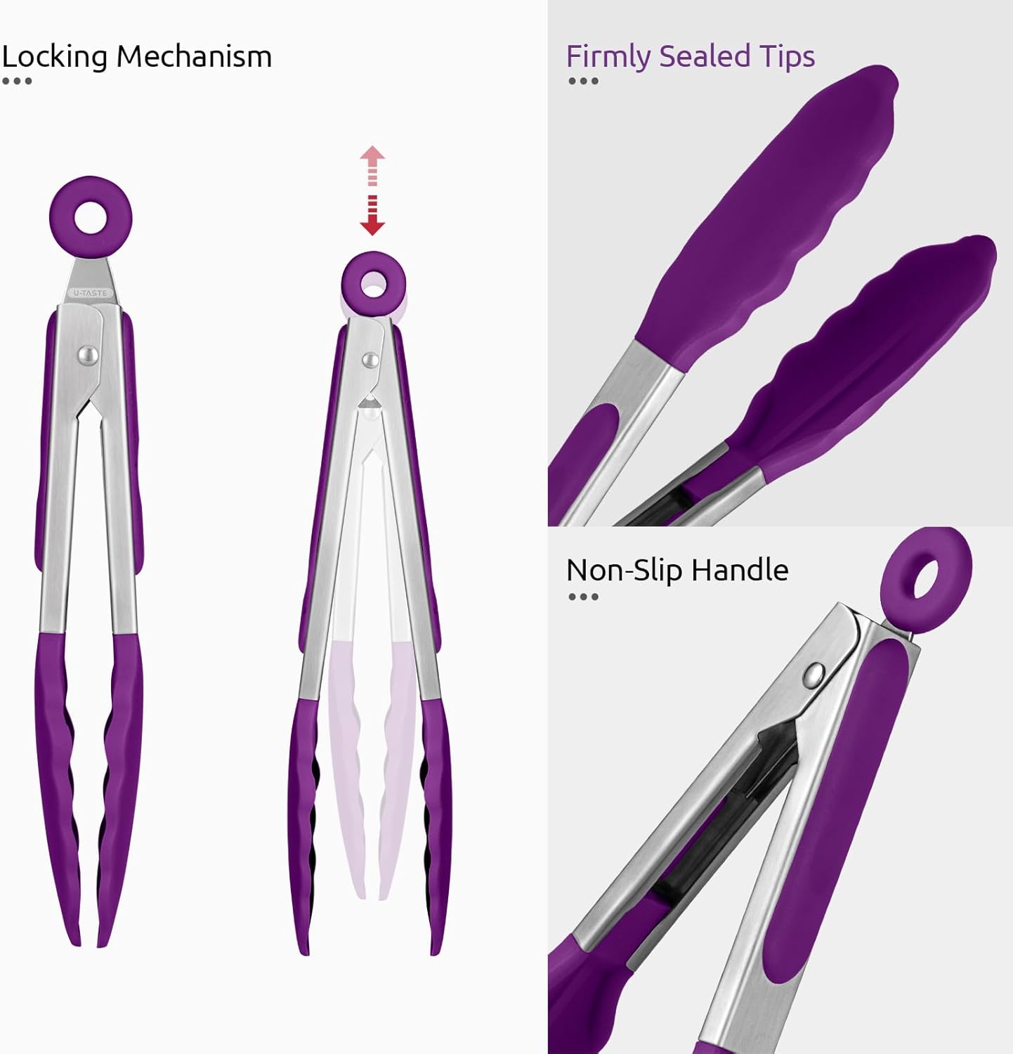 600ºF Heat Resistant Kitchen Tong: U-Taste 7 inch Silicone Cooking Tong with Firm Sealed Non Stick Rubber Tips & Silicon Coated 18/8 Stainless Steel Handle & Smooth Locking for Serving Salad (Purple)