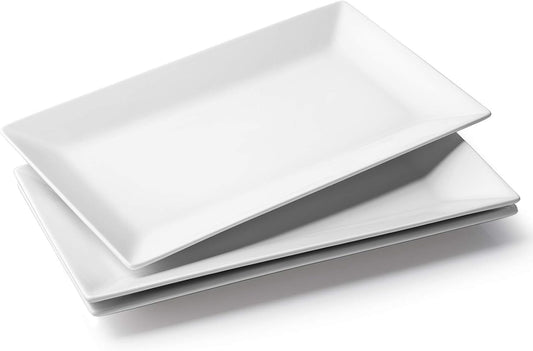 DOWAN 14" Serving Trays, Serving Platters, Ceramic Serving Platters and Trays, Rectangle Plates, Set of 3, for Weddings, Parties, Oven, Microwave, Dishwasher, Heat Resistant, Easy to Clean, White