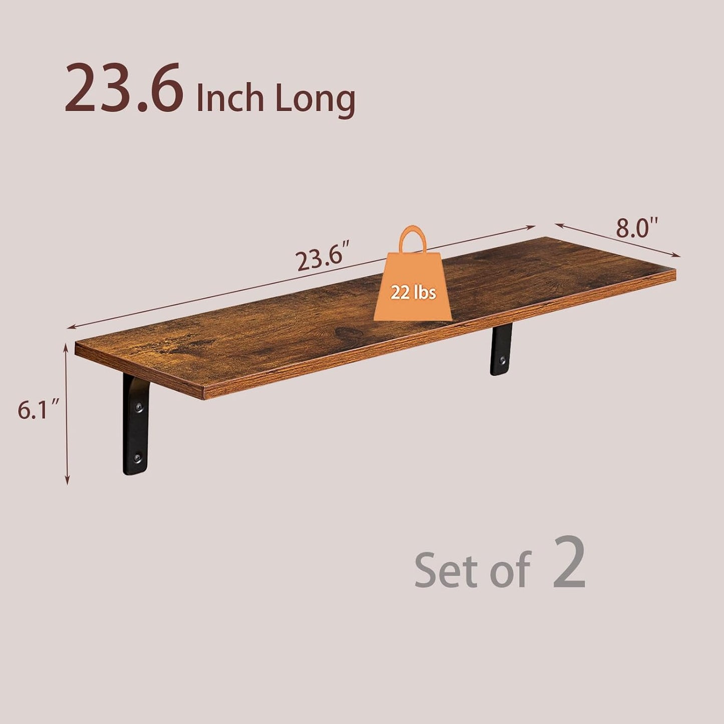 DINZI LVJ Long Wall Shelves, 23.6 Inch Wall Mounted Shelves Set of 2, Easy-to-Install, Wall Storage Ledges with Sturdy Metal Brackets for Living Room, Bathroom, Bedroom, Kitchen, Rustic Brown
