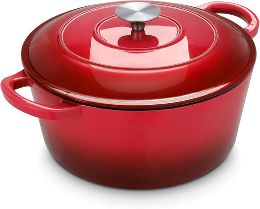 LIFERUN 6 Qt Enameled Cast Iron Dutch Oven Pot with Lid，Oven Safe up to 500° F, Non-Stick Dutch Oven with Dual Handles for Bread Baking, Fry Foods, Braising, Stews, Roasting (Red)
