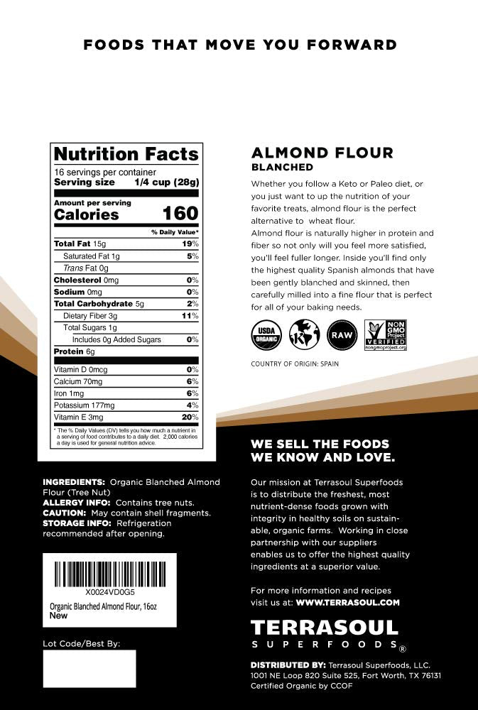 Terrasoul Superfoods Organic Almond Flour, 2 Lbs (Pack of 2) - Fine Texture | Grain-Free | Gluten-Free | Perfect for Keto Baking