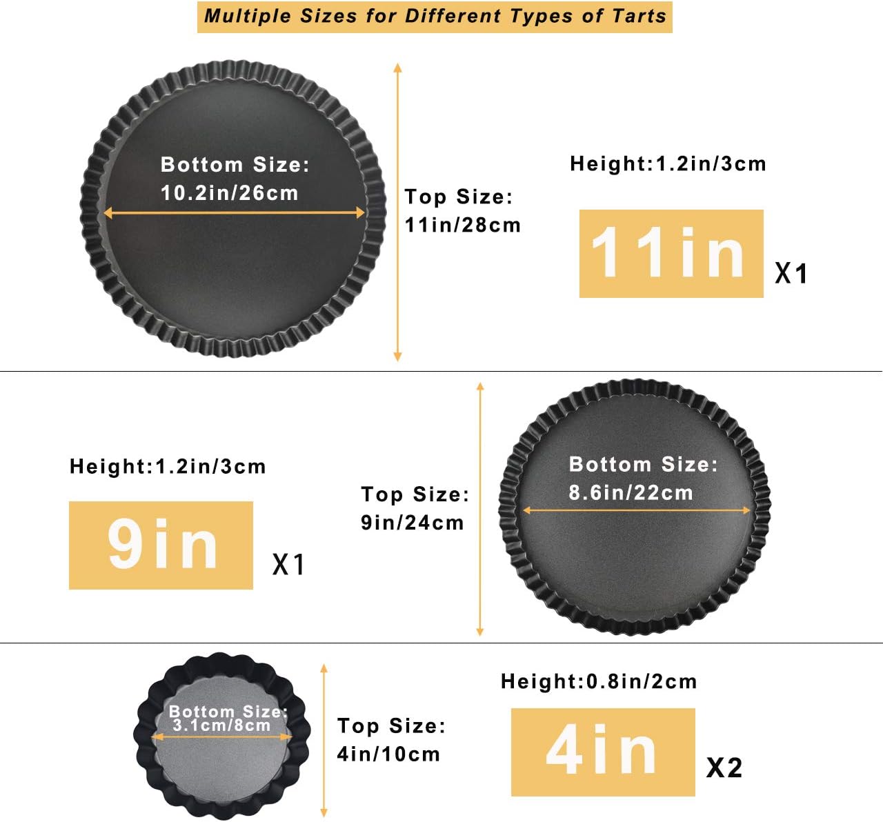 11 & 9 Inch Round Tart Pans with 2Pcs 4'' Mini Pans. Removable Bottom, Non-Stick Coating, Rugged Carbon Steel for Tart Quiche Pie Making. Gift for Christmas Thanksgiving Party Festival Family