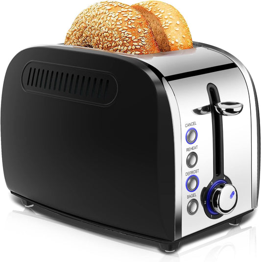 Toaster 2 Slices, Stainless Steel JEWJIO Retro Toaster with 1.5" Extra Wide Slot for 6 Bread Shades Setting/Bagel/Defrost/Reheat/Cancel Function/Removable Crumb Tray 800W, Matte Black