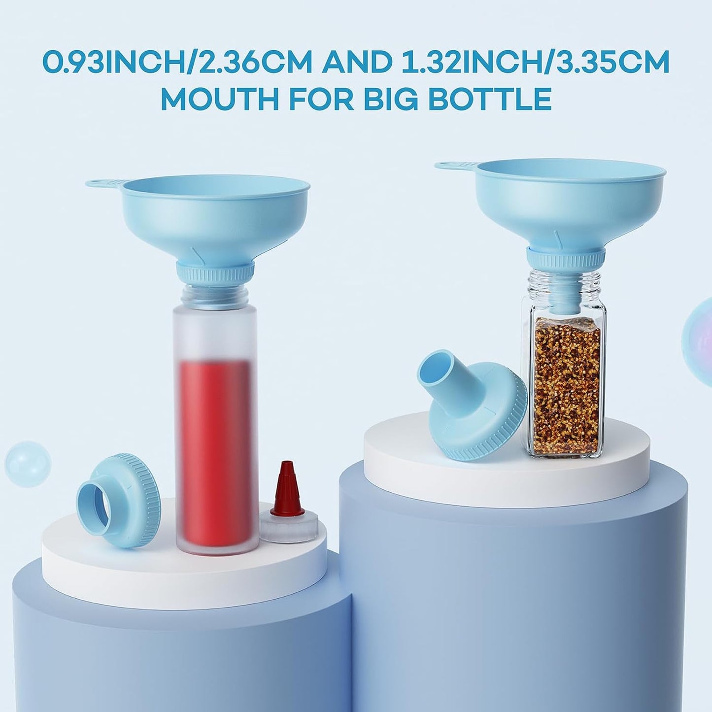 Pisol Wide Mouth Versatile Funnel, Canning Funnels for Kitchen Use, Food Grade Plastic Cooking Funnel Set with 4 Size Spouts and 2 Strainers for Filling Different Bottles and Bags, Blue