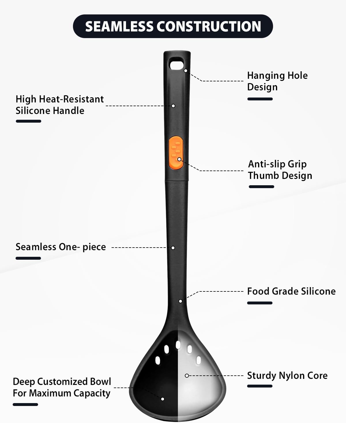 Silicone Pasta Fork and Ladle Spoon Set, Large Non Stick Kitchen Utensils for Cooking,Stirring,One Piece Serving Spaghetti, Soup, Sauce (BLACK)