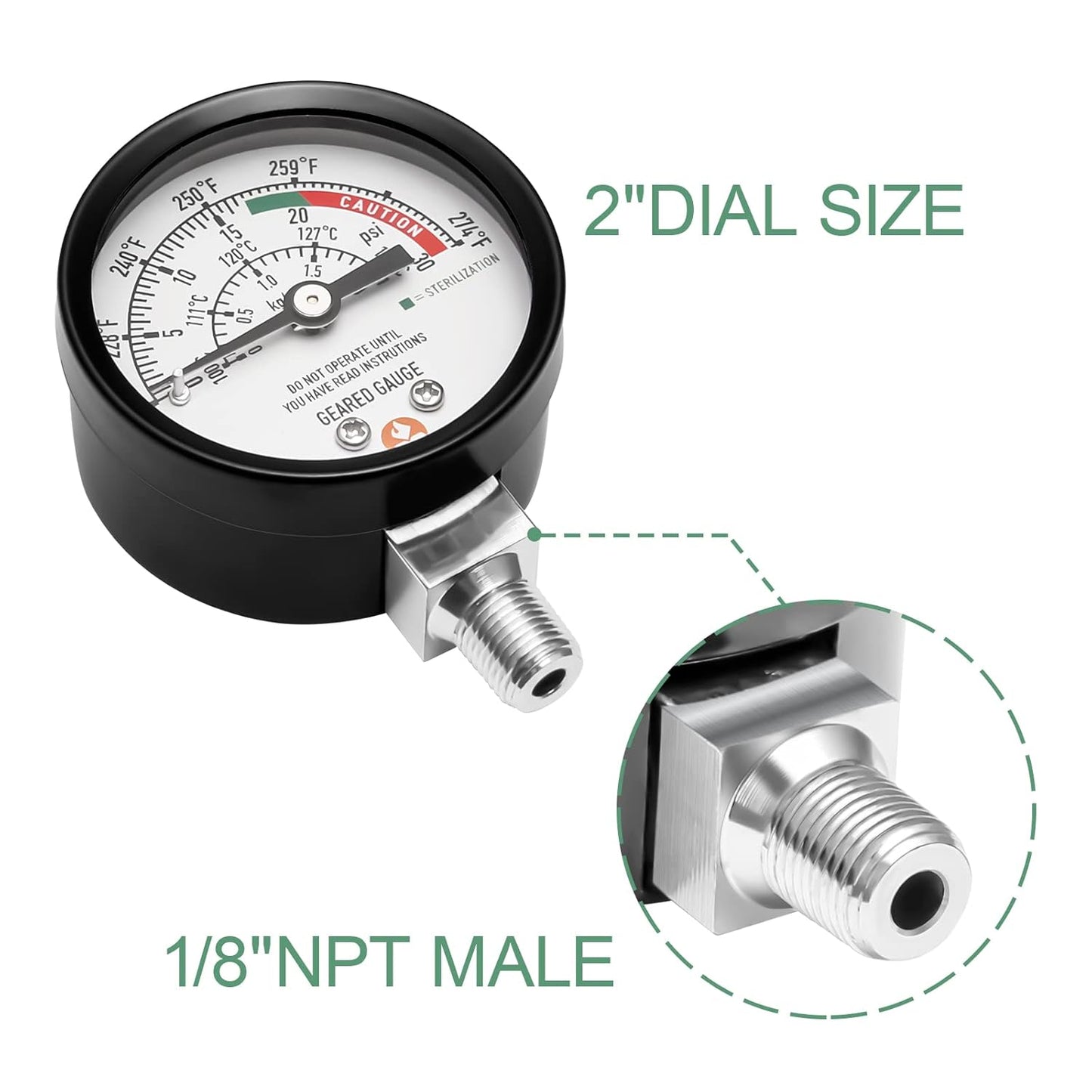 Roastove Black case Pressure Cooker Gauge, Pressure Canner Gauge, Steam Pressure Gauge, 2" Dial, Lower Mount, Including Gasket, Nut