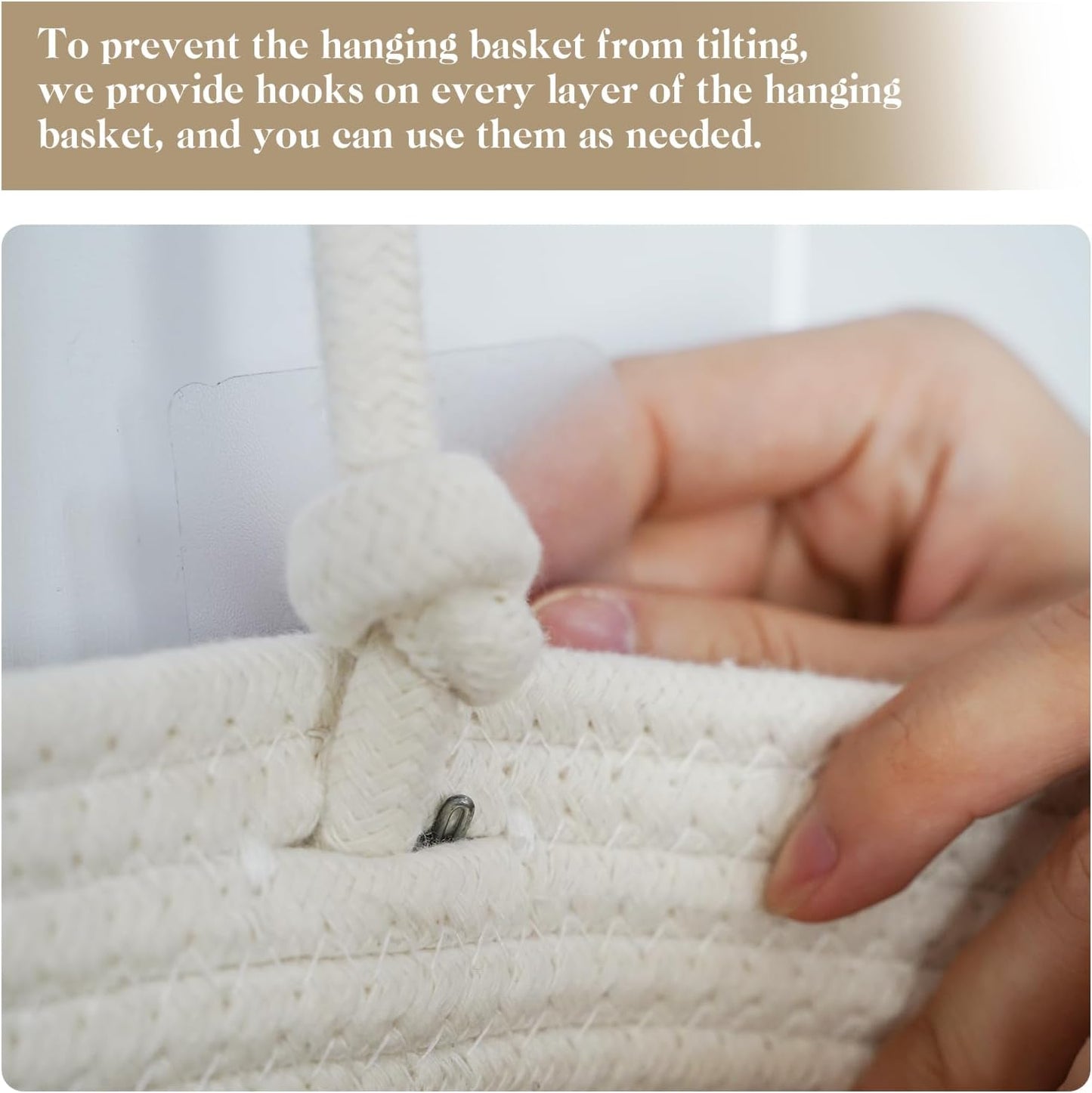 TeoKJ 3-Tier Hanging Baskets for Storage with Pearl Button Strap, Cotton Rope Over the Door Organizer, Wall-Mounted with Hook Decorative Hanging Nursery Baskets, Jute