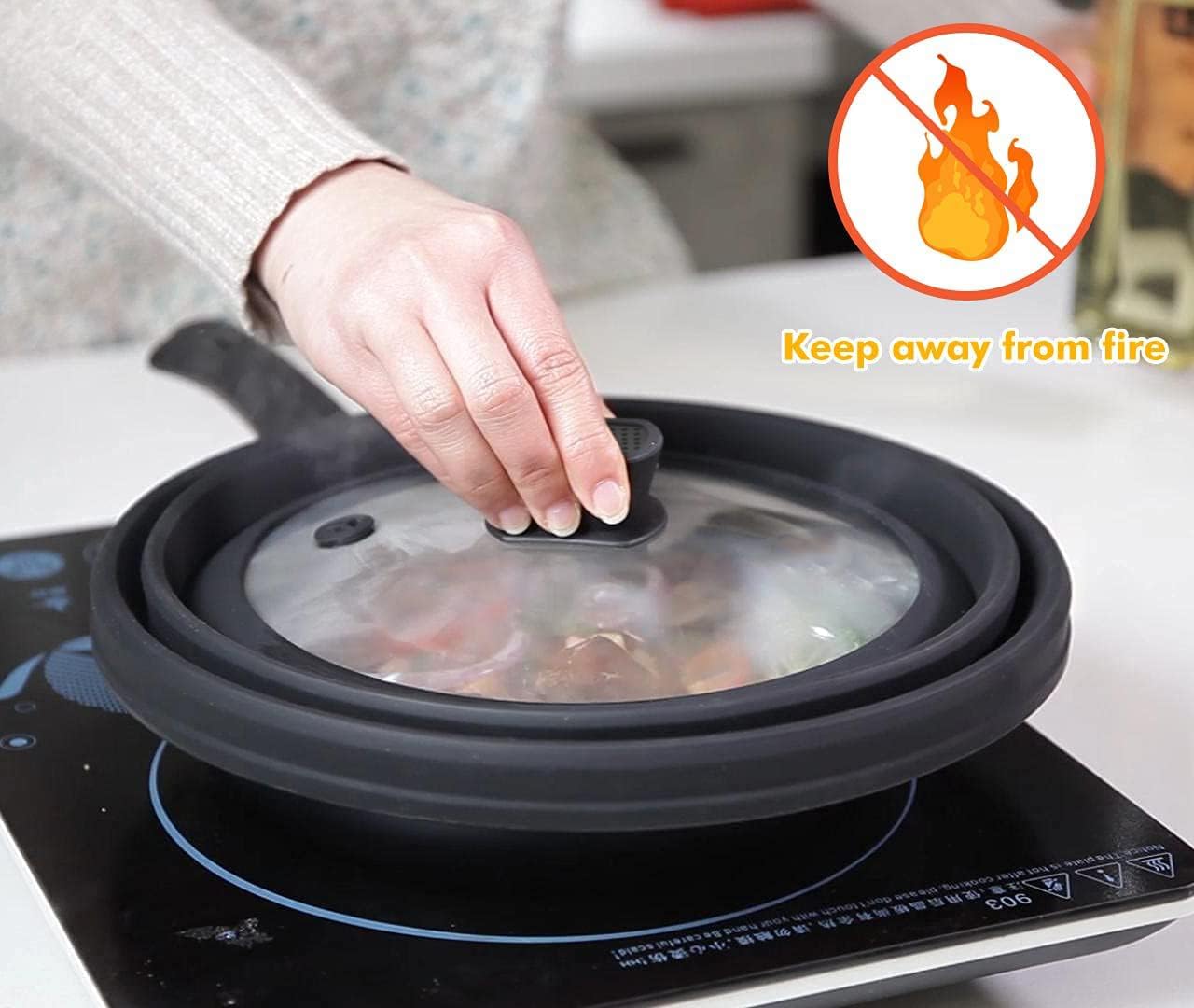 Microwave Splatter Cover Glass Cover Guard Lid with Collapsible Silicone for Food Pot Plate Cover 9.8 inch Black