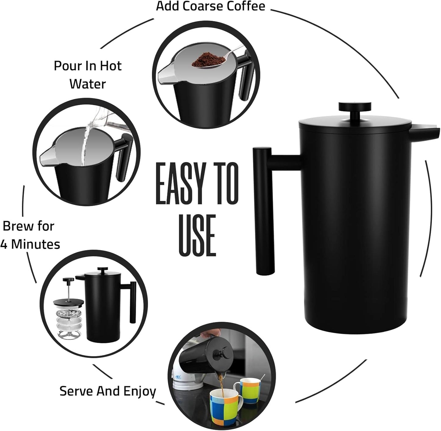 Utopia Kitchen Stainless Steel French Press Coffee Maker 34 Oz (1 Litre) with 2 Extra Filters, French Press Coffee & Tea Maker for Kitchen & Camping, Cold Brew Cafetiere, Black