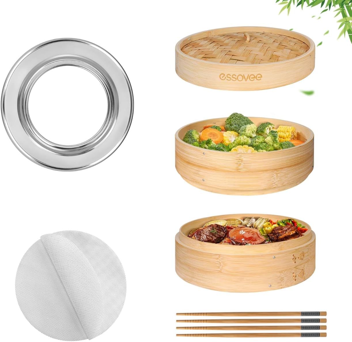 Bamboo Steamer 2 Tier 10-Inch Steaming Basket, Bun Vegetable Steam, Dumpling Steamer Bamboo Steam Basket, Chopsticks, Reusable Silicone Liner, Ring Adapter, for Chinese Asian Cuisine
