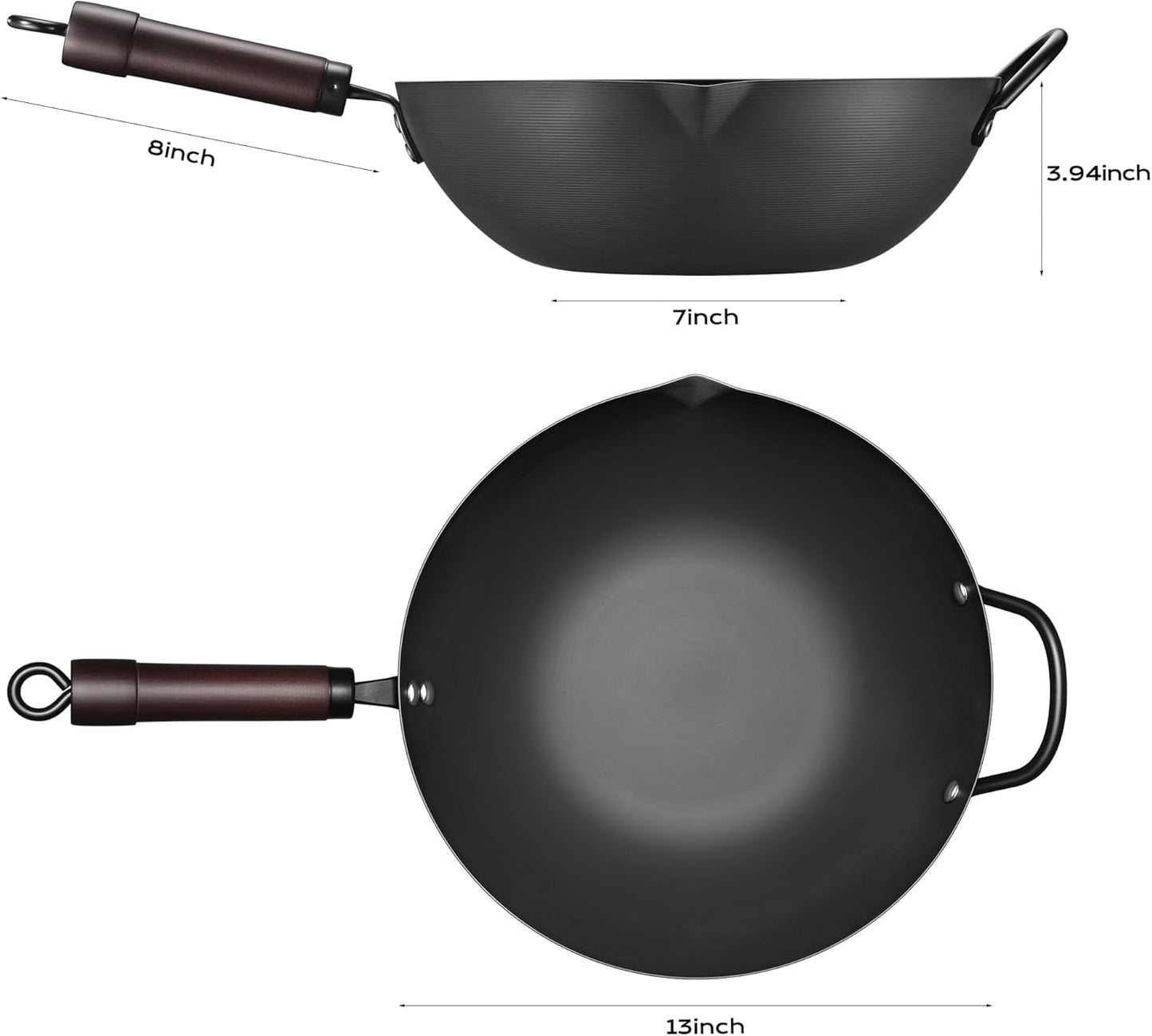 13 Inch Wok with Lid and 12 Inch Sikllet, Carbon Steel Cookware Set, Carbon Steel Woks &Stir-fry Pans Nonstick and Frying Pan, Pre-Seasoned 5.8QT Flat Bottom Chinese Wok, Compatible with All Cooktops