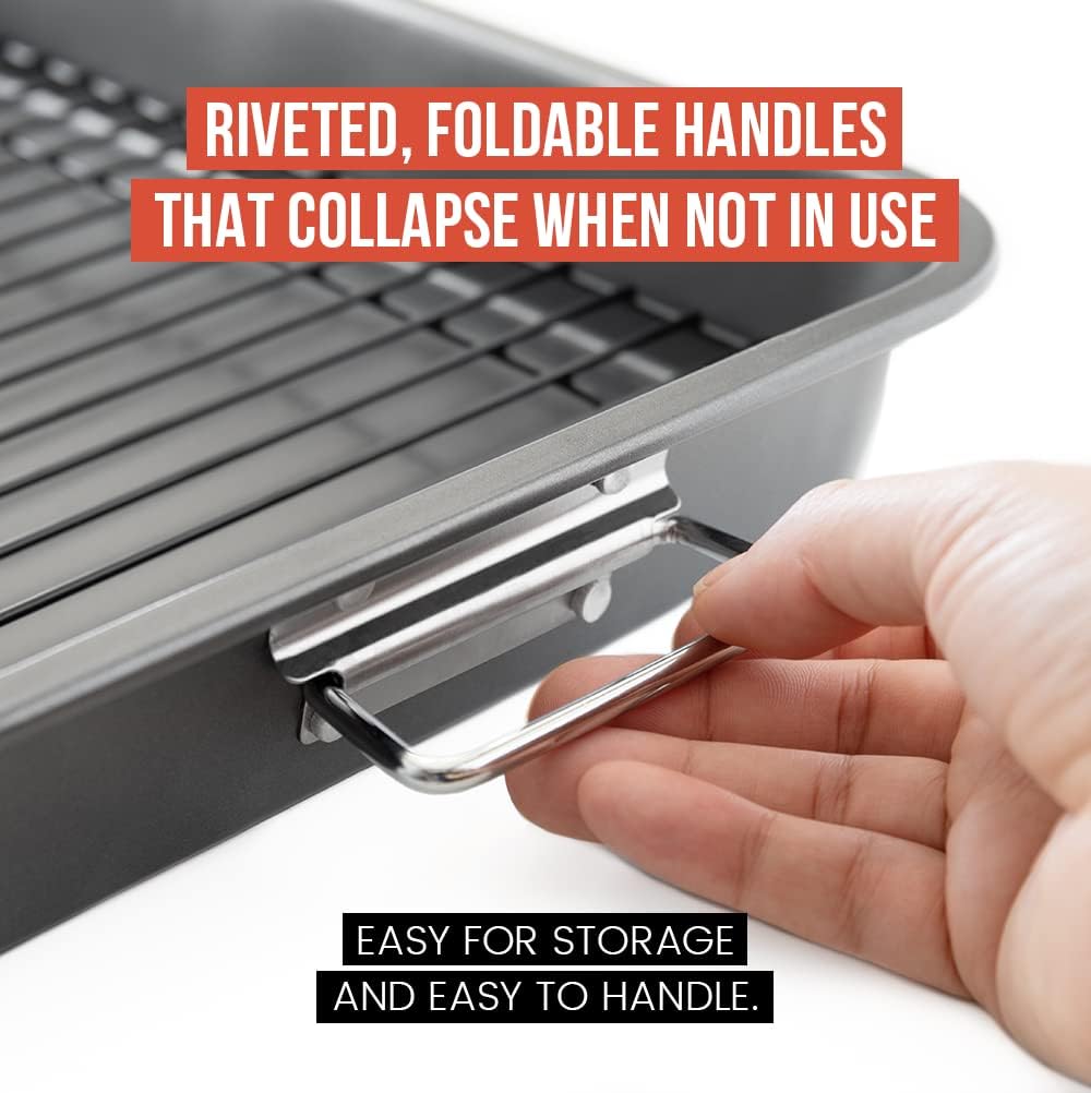 Chef Pomodoro Nonstick Carbon Steel Large Roasting Pan with Rack, Turkey Roasting Pans for Oven, Roaster Pan with Flat Rack, Turkey Pan for Oven, Bakeware Grey