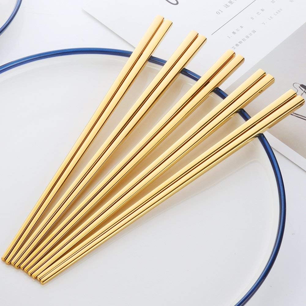 Buyer Star 5-Pair Gold Stainless Steel Chopsticks - Reusable Chinese Square Chopsticks